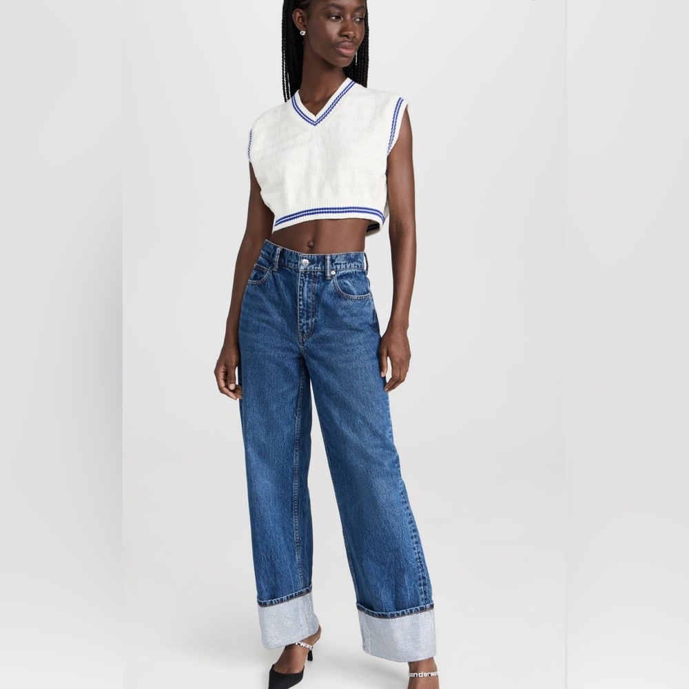 Alexander Wang White Cropped Knit Vest with Blue Trim